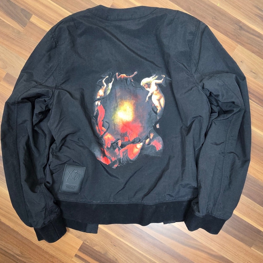 Puma x XO The Weeknd Kimono Bomber Jacket Black Graphic Back Art Open Front